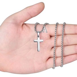 XIEXIELA Cross Necklace for Kids Boys Initial Letter Pendant Stainless Steel Chain Jewelry First Communion Baptism Gifts for Little Teen Boys Men R