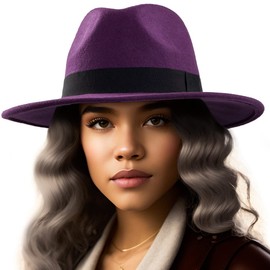 LADYBRO Elegant Purple Fedora for Women Wide Brim Panama Hat Wool Felt, 58cm