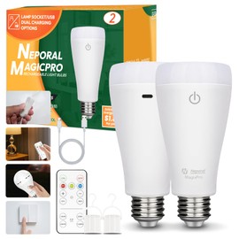 Neporal MagixPro Rechargeable Light Bulbs with Remote, USB + Socket Rechargeable, 1800mAh Large Battery Light Bulb, 3 Color Shift + Stepless Dimmable, A19 E26 Emergency Light Bulb, 15W (MagicPro, 2)