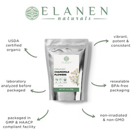 Elanen Naturals Organic Chamomile Flowers 4 oz. (113g), USDA Certified Organic Camomile Manzanilla Tea Loose Leaf, German Chomomile Golden Chamomeal Herb, Whole