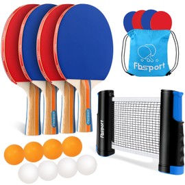 FBSPORT Ping Pong Paddle Set, Table Tennis Set with 4 Rackets and 8 Balls, Retractable Net with Storage Bag - Pingpong Paddle Accessories for Indoor Outdoor Games