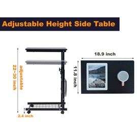 AIZ Overbed Table, Height Adjustable Sofa Side Slide Under Table, Laptop End Rolling Bedside Desk Cart, Black Willow