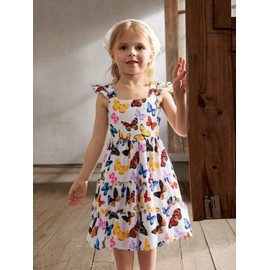Girls Butterfly Summer Dress Causal Beach SundressTiered Swing Princess Dress Ruffle Sleeve Dresses (1594-6T)