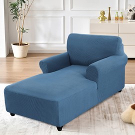 Dust Blue Small Checks Chaise Lounge Couch Cover - Fitted Slipcover with Double Arm, Stretch Chair Protector