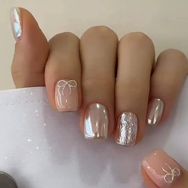 Hkanlre Short Square Fake Nails Tips Bow Press on Nails Full Cover False Bling Nude Nails for Women 24PCS