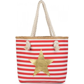 styleBREAKER Beach Bag with Maritime Stripe Pattern, Star Print and Zipper, Shoulder Bag, Shopping Bag, Ladies 02012169, Colour:Red-White/Gold