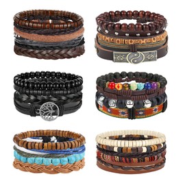 Milacolato 28Pcs Braided Leather Bracelet for Men Women Wooden Bracelet Tree of Life Bracelet Beaded Cuff Wrap Bracelet Adjustable