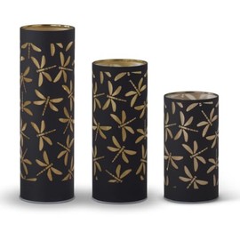 LED Cylinder Lanterns, Black with Gold Dragonfly Pattern, Set of 3, Battery Operated, 10/8/6 Inch Heights, Home Decor