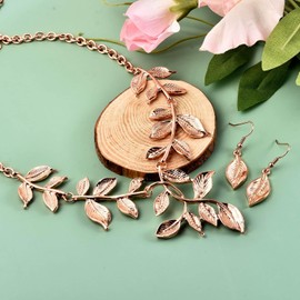 Shop LC ION Plated Rose Gold Leaf Earrings Statement Necklace Costume Jewelry Costume Jewelry Set for Women Stainless Steel Fashion Floral Jewelry Gifts for Women 22" Christmas Gifts