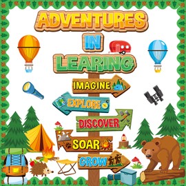 Camping Bulletin Board Classroom Decoration Colorful Camping Adventure Signpost Bulletin Board Set Supplies Camper Camping Tent Forest Cutouts Decoration for Summer Back to School Wall Door Decor