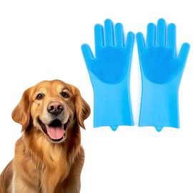 PetnBeyond - Deshedding Glove for Dogs and Cats with Long and Short Fur - Bathing and Massaging Shampoo Brush - Durable Scrubber Gloves with High-Density Teeth Heat Resistant Silicone for Pets (Blue)