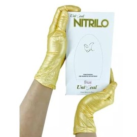Guantes de Nitrilo Libre de Latex Color Dorado Metalico Talla Grande Marca Uniseal Caja Con 100 Guantes (50 Pares) No Esteril