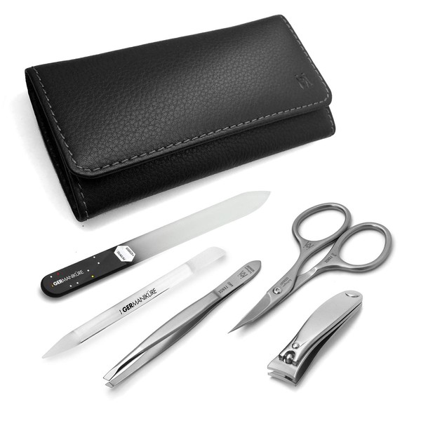 GERMANIKURE 5pc Manicure Set - Handmade in Solingen Germany, FINOX Stainless Steel: Nail Clipper, Combination Scissor, Slanted Tweezer, Czech Glass Nail file and Cuticle Stick in Leather Case