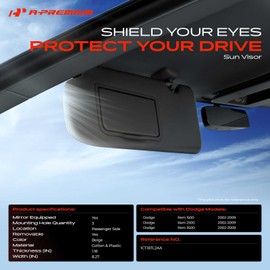A-Premium Right Passenger Side Sun Visor Compatible with Dodge Ram 1500, Ram 2500, Ram 3500, 2002-2009 - with Vanity Mirror, Without Vanity Light, Beige Color - Replaces 1CT18TL2AA