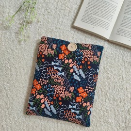 Zosiana Designs Floral Embroidered Canvas Book Sleeve - Elegant Book Cover, Padded Protector for Paperbacks & Hardcovers, Ideal for Book Lovers, Wooden Button (Meadow, Blue, Large)