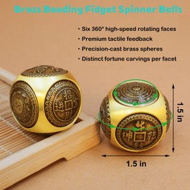 Metal Baoding Balls Hand Massage Set, 1.5in Chinese Health Balls Brass Six-Sided Fidget Spinner Balls,Spiky Sensory Finger Ring for Hands Therapy, Exercise, and Stress Relief