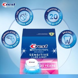 Crest Kit de blanqueamiento dental con luz LED 3DWhitestrips Sensitive +, 14 tratamientos, elimina suavemente 20 años de manchas