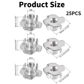 HAFRILY M6 T-Nuts Stainless Steel 4-Pronged Tee Nut for Wood Furniture (Pack of 25)