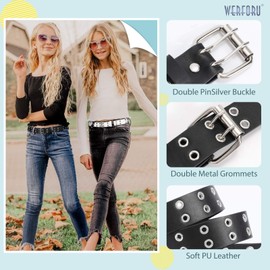 WERFORU 3 Pack Kids Double Grommet Belts With Holes for Girls Boys PU Leather Two Row Grommet pants Belt for Jeans Dress (black+white+clear, Suit for pants size below 28 Inches)