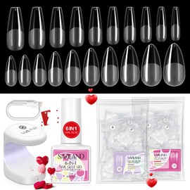 Saviland Nail Tips and Glue Gel Kit - 240PCS Long Coffin Medium Almond Shaped Soft Gel Nail Tips 6-in-1 Glue Fake Press On Extension Kit for Women with Mini U V Dryer
