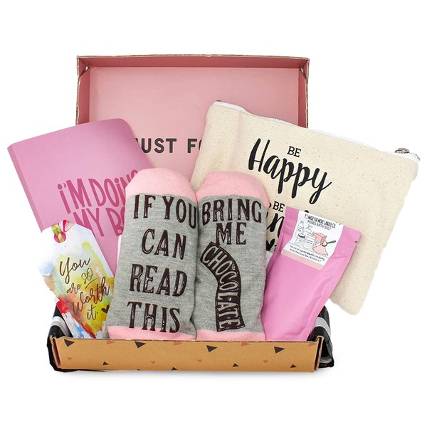 Special Birthday Womens Gift Mother's Day Box Set for Her- Fancy Notebook, Travel Cosmetic Bag, Funny socks, and a Relaxing Bath Salt, Mother's Day Gift Set For Friend