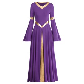 Metallic Gold V Neck Praise Dance Dress for Women Bi Color Block Liturgical Long Loose Fit Full Length Swing Worship Gown Ruffle Tunic Circle Skirt Costume Church Robe Praisewear Purple M