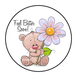 PartyMommy 30 FEEL BETTER SOON TEDDY BEAR STICKERS ENVELOPE SEALS LABELS 1.5" ROUND FLOWER