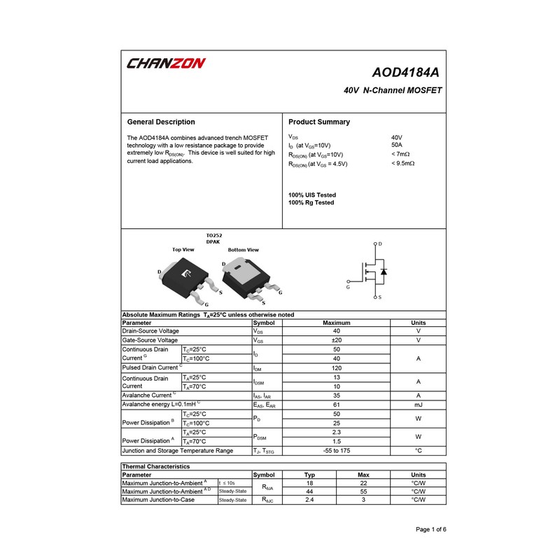 Chanzon AOD4184A TO-252 SMD Sic Mosfet MOS N-Channel Transistor n-fet