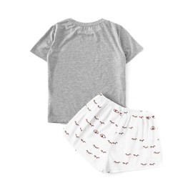 WDIRARA Women's Sleepwear Closed Eyes Print Tee and Shorts Pajama Set Grey S