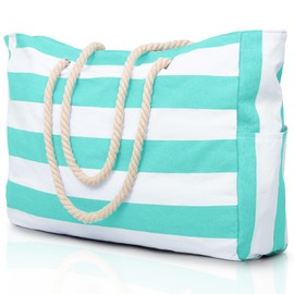 oscaurt Beach Bag Striped Tote Bag Swimming Bag Waterproof Beach Bag Large with Zip Shopper Bag Women's Beach Bag XXL Family Shopping Bag Shoulder Bag Plain Bag Travel Bag, Light Cyan