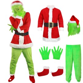 Varuotu 6PCS Christmas Monster Costume Gbgrinches Green Big Monster Costume Mask Funny Santa Costume Furry Outfit Adults