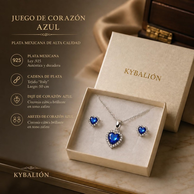 Conjunto de Collar, Dije y Aretes Plata 925 Corazón Azul