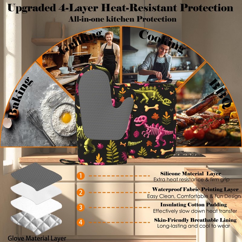 Dinosaur Skeleton Oven Mitts and Pot Holders Sets Non-Slip Silicone