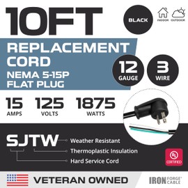 Iron Forge Cable Flat Plug Replacement Power Cable with Open End - 12/3 10 Ft Black Appliance Extension Cord 15 Amp, 12 AWG Power Cord Replacement for Universal AC Appliance - UL Certified