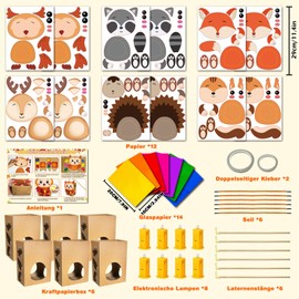 Children's Autumn Lanterns Craft Set, 6 Pieces, DIY St Martin Lantern for Children, Craft Saint Martin to Hedgehog, Fox, Elk, Squirrel, Raccoon, Owl with Lantern Rod