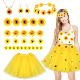 Capaneus 25 Pieces Sunflower Costume Women, Carnival Costume Women, Sunflowers Yellow Tulle Skirt Women, Sunflower Decoration, Sunflower Headband, Earrings, Necklaces, Costume Sunflower for Carnival