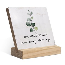 His Mercy are New Every Morning Christian Wood Plaque with Wooden Stand,inspirational Bible Scripture Eucalyptus Wooden Plaque Sign Desk Decor for Home Bedroom Living Room Table Shelf Decoration