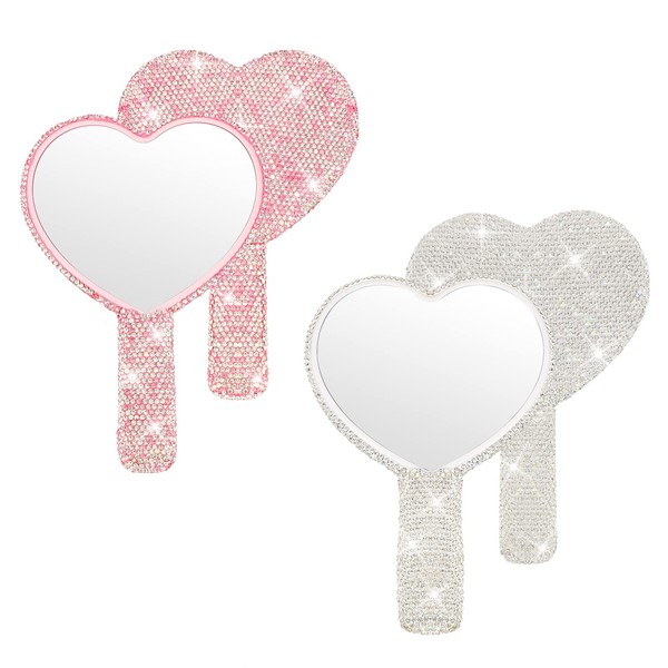 Tatuo 2 Pcs Rhinestone Handheld Mirror Pink Mirror Adorable Bling Glitter Cosmetic Heart Dazzling Mirror Portable Hand Mirrors with Handle for Women Girls (Pink and White)