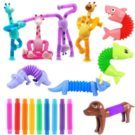 Kryfa Telescopic Pop Tube Giraffe Toys, Road Trip Activities for Kids, Airplane Toys for Toddlers 3-5, Toddler Car Activities (18 PCS)