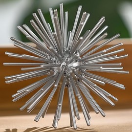 Silver Sphere Decor, Metal Starburst Tabletop Sculpture Decor, Mid-Century Modern Metal Starburst Centerpiece, Spike Ball Decoration for Home, Coffee Table Decor