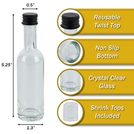 PELLAH GOODS 50 ml Mini Small Glass Bottles With Aluminum Lid and Heat Shrinks 24 Pack (Black Caps) for Liquor Sauce Party Favors Beverage