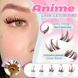 Bunny Lash Clusters Brown Manga Lash Clusters Spiky Doll Individual Lashes 120Pcs D Curl 8-16MM Dark Brown Doe Eyed Spider Cluster Eyelash Extensions with Clear Band for DIY at Home (Narcissus-Brown)