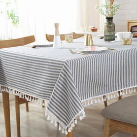 AMZALI Stripe Tassel Tablecloth Cotton Linen Resistant/Dust-Proof Table Cover for Kitchen Dinning Tabletop Decoration (Rectangle/Oblong,55 x 98 Inch, Blue)