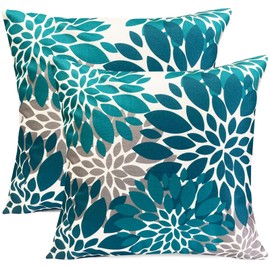 RYSMIYOU Decorative Throw Pillow Covers Set of 2 Teal Blue Pillow Covers 22x22 Inch Couch Pillow Covers for Sofa Living Room Outdoor Throw Pillow Cover Linen Floral Flower Farmhouse Pillowcase