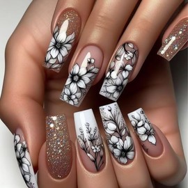 White Flowers Press on Nails Long Square Fake Nails Glitter False Nails With Designs Floral Glue on Nails Glossy Full Cover Artificial Stick on Nails for Women 24 Pcs