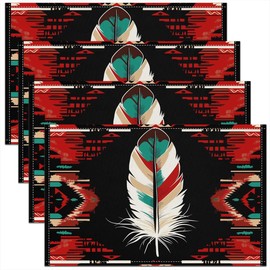 Feelyou Western Placemat Kitchen Dining Table Southwestern Feather Table Place Mats 18"x12" Kids Southwestern Native Bohemian Washable Fabric Table Mats Placemat Southwestern Aztec Table Mats