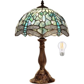 Pterying Tiffany Dragonfly Table Lamp, 18'' Tall Vintage Stained Glass Lamp for Bedroom Living Room, 1 LED Bulb (2700K E26) Included