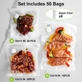 URPOWER Vacuum Sealer Bags for Food: 50 PCS with 6 Clips - 12x19”(XL, 10PCS) 12x13”(L, 20PCS) 10x11”(M, 20 PCS) Reusable Vacuum Seal Bags Food Storage Vacuum Bags for Sous Vide Freezer Microwave