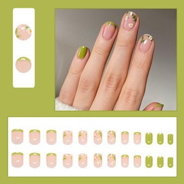 24 Pcs Pink Press on Nails Short Square,MINGCHUN Fall Cute Daisy Fake Nails Press ons Acrylic Nail Art Tip Kit Full Cover False Nails Glue on Nails with Flowers Green French Glossy Design for Women