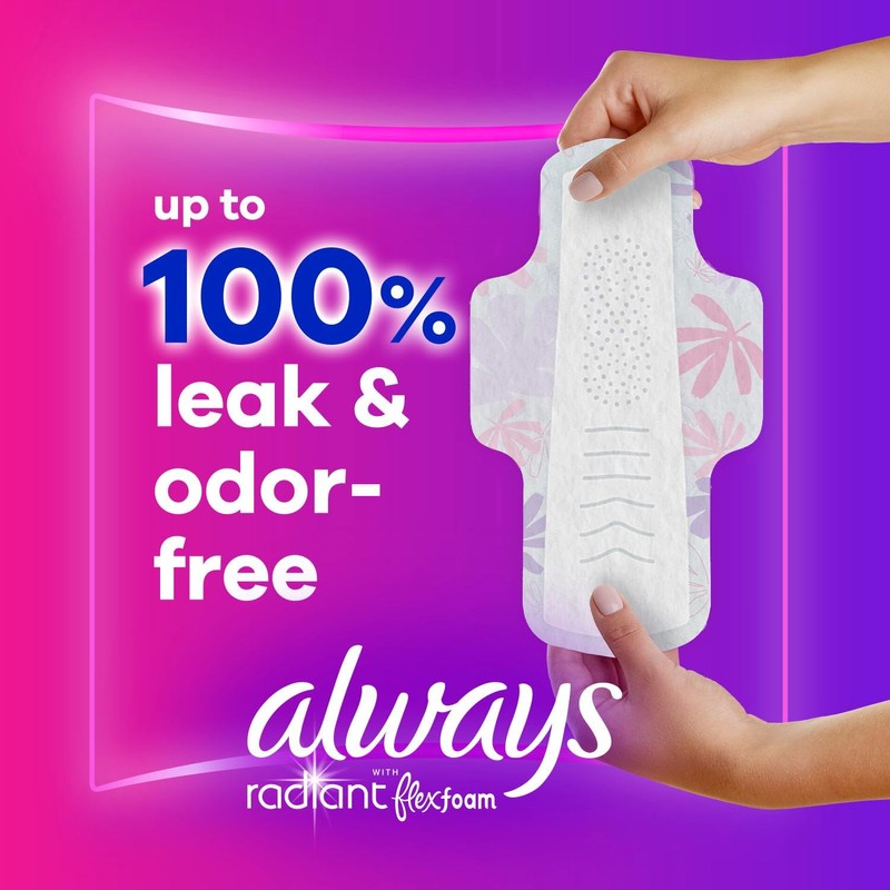Always Radiant Feminine Pads for Women, Flexfoam Pads with Wings,